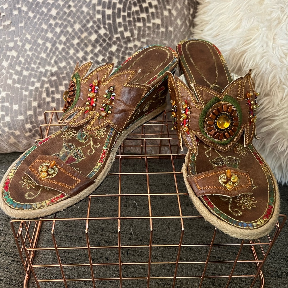 Vintage Embellished Brown Sandals